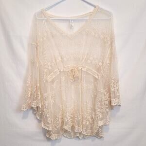Dreamers by Debut Boho Crochet Swim Coverup Cream M/L Babydoll Festival Top